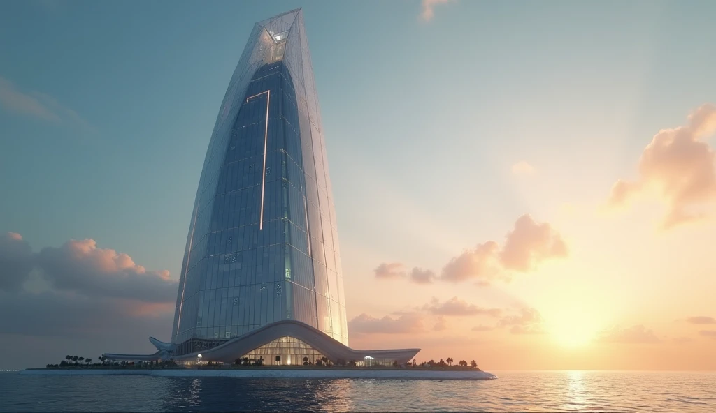 "A futuristic skyscraper at the edge of the ocean, with a design resembling a giant crystal, catching the light of the rising sun. The structure has a transparent, faceted surface with sharp angles and glowing lines running vertically across its height."

