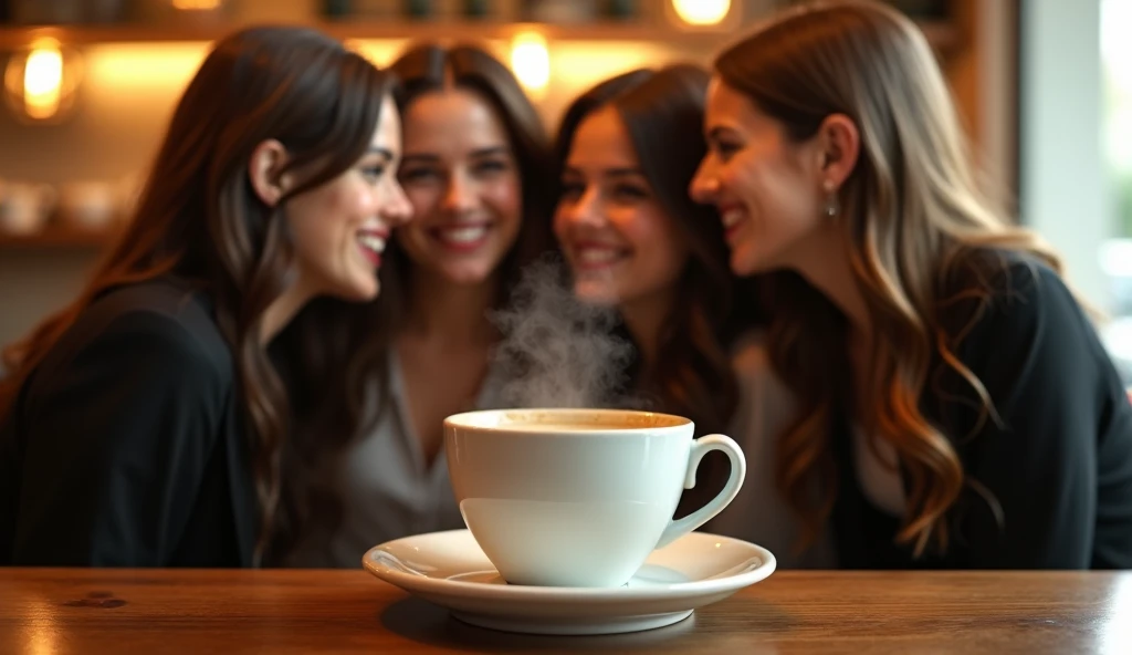 A steaming cup of coffee on a polished counter, with dream girls gathered behind it, sharing a laugh as if they know a secret the world doesnt.