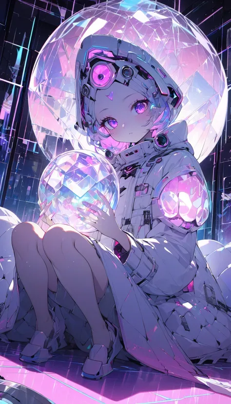  girl 1, Cybernik, in the future, Dutch angle, crystal hair, face mask, sitting on the floor, future room,(Holding both hands with a ) illuminated glass ball, best quality, high detail, best resolution, highly detailed 