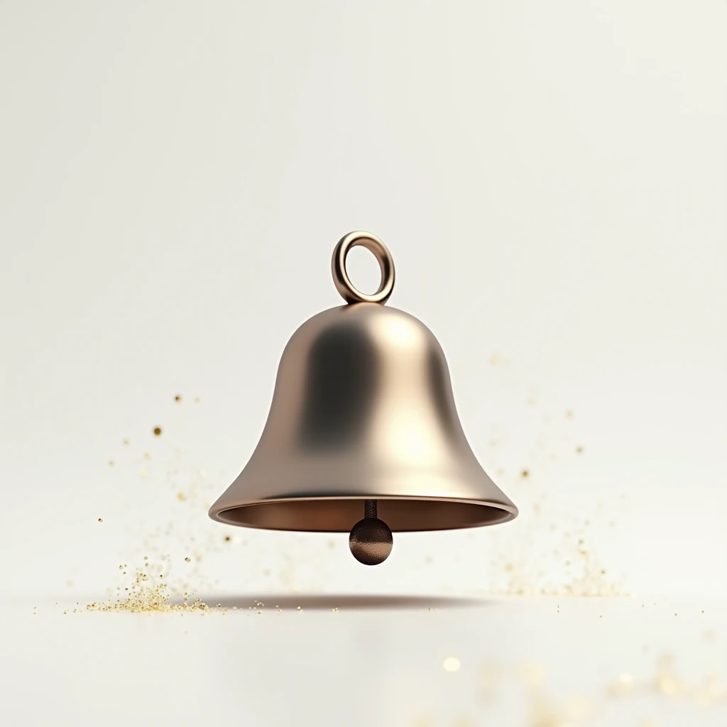  A modern and minimalist notification bell , flutuando em um  white background,  the bell is made of a polished silver or gold metal ,  with a smooth and shiny surface detail that subtly reflects the ambient light ,  the shape is rounded at the base with a...