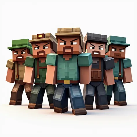  Create a detailed image of many Minecraft villagers ,  these villagers are dressed in the typical costumes of Minecraft villagers such as armor, Caps, farmers hats ,  within the type of clothing that villagers wear in Minecraft ,  the expression of these ...