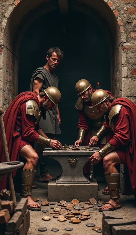 Roman soldiers searching a blacksmith’s forge, overturning tools and inspecting coin molds. The blacksmith watches calmly from the doorway. --ar 9:16, hyper-realistic, photo realism, cinematography