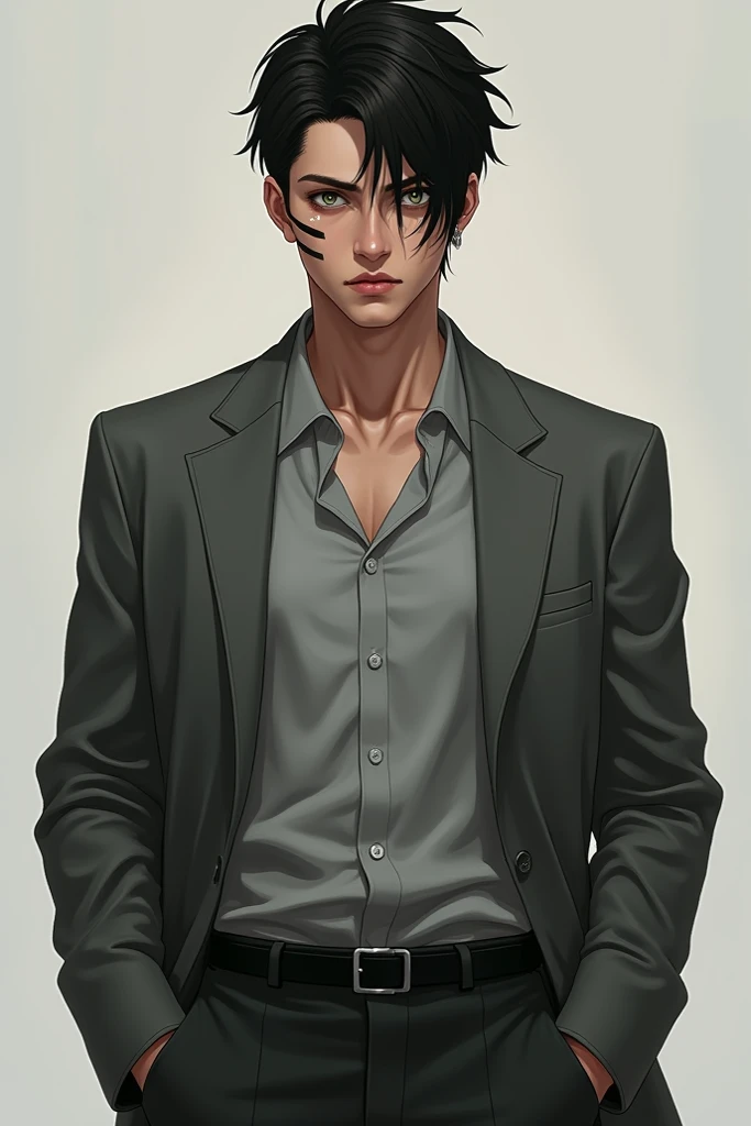 A 25 year old young man with a Soldier body, 170 cm tall, a firm face, short black hair, three tiger claw lines on the left side of his face and his left eye is white and his right eyeball is green and black. He wears a gray shirt and an open gray suit wit...