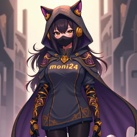 Full shot of an anime-style chubby girl, likely a character from a video game or animation. She has long, dark brown/black hair, that falls around her shoulders and partially obscures her figure. She is wearing a dark-grey/black hooded cape-like garment th...