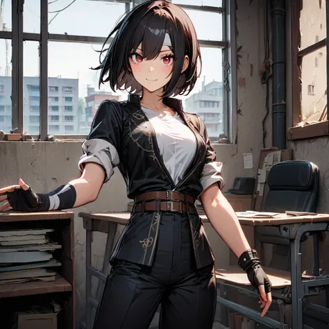  1 girl, HMN1,  shorthair,  black hair , red eyes, ( eye patch: 1.1), smile,. Destroy (( Black Jacket with Rolled Up Sleeves)), Fingerless gloves,  white t-shirt, (( white headband )),  jacket,  black pants,  white shoes , Brown belt,  staring at viewers s...