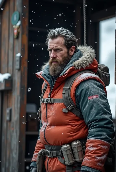 Bearded mountain man with mountaineer bearded at the snowy peak in winter cold