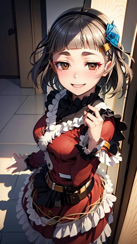 (((solo))), 1 woman, Sakuya Kurobane, sakuyaunif, kurobane_sakuya, (brown eyes), short hair, grey hair, black hairband, blue hair flower, red eyeliner, chest, blush, smile, (upper body), santa claus