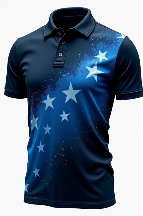 Create a polo t-shirt for dancers that is blue and black with stars that say YURAQ TUTA meaning white night with few stars 