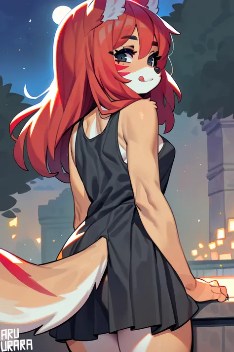 mammal, canid, canine, aruurara, crayon_(artist), black_fur, dual-tone_fur, long hair, red hair, red stripes, forward_arm_support, rear_view, night, outside, pinup, black_dress, skinny, small_breasts, bedroom_eyes, licking_own_lips, expressive, masterpiece...