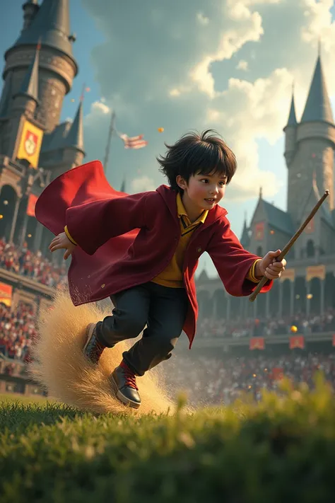 Hogwarts student from the Gryffindor house flying on top of a broom trying to catch a golden snitch in a Quidditch stadium 