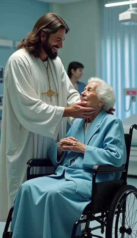  Ultra-realistic image of Jesus Christ standing .  He gives a comforting hug to an elderly woman in a wheelchair who is in the hospital, very weak.  The elderly woman is crying with great emotion and Jesus smiles with love .  The elderly woman is dressed i...