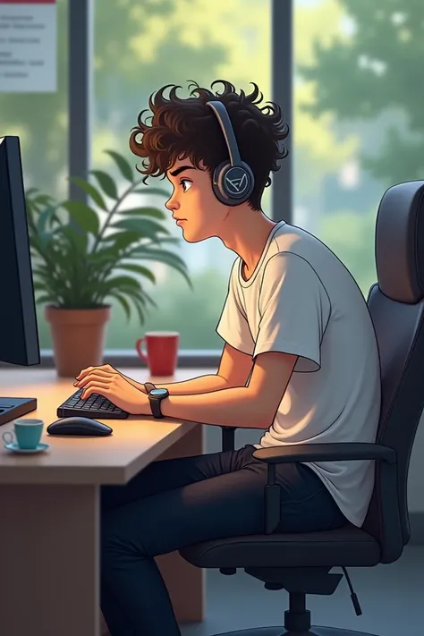 A boy age 18 haircut style is Sponge Curls stay at university and using his computer and listen Wireless Headphones wearing white T-shirt black pants and white shoes