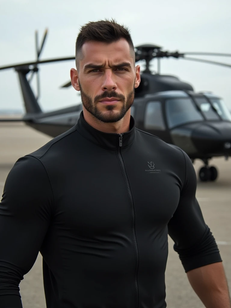  Realistic photo, Spanish man,  25 years, short military style hair,  square face , inviting,  black eyes, very short beard, stunning physique , big and strong body, black special operations clothing ,  in the background of a military base with a black hel...