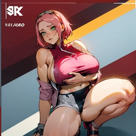 Sakura haruno,1girl,detailed body,detail face,pink hair,ripped tank top in red short jacket,openned button micro shorts,(big breast:1.8),show navel,detailed eyes,full body anime character design