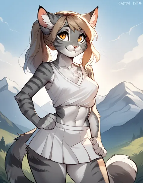 mammal, felis, feline, domestic_cat, kat, iskra, crayon_(artist), white_shirt, white_skirt, white_fur, chest_tuft, hip_tuft, belly, navel, mountains, hands_on_hips, outside, sky, expressive, masterpiece, best quality