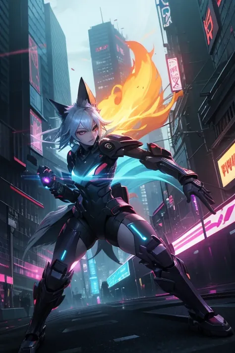 Realistic epic, a stunning visual photo of a kitsune | shiny | cyberpunk city | neon light | vibrant | Full body | main visual | dynamic fighting pose | best quality | lighting, volumetric fog, bioluminescence, volumetric atmosphere, studio trigger Militar...