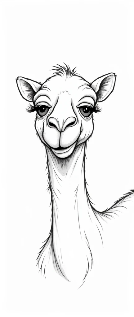 Illustration, A cartoon   , Line drawing on the background of a camel with big lips with false eyelashes