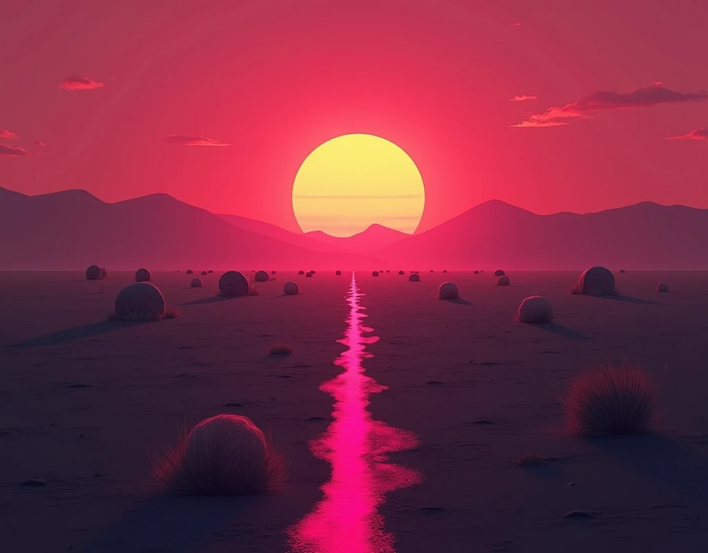 a sunset and a pink line in the desert in the style of ominous vibemonochromatic artworks,felicia simion,digital art techniques light black and magenta,tumblewavelight black and orange--q2--s750--v 5.