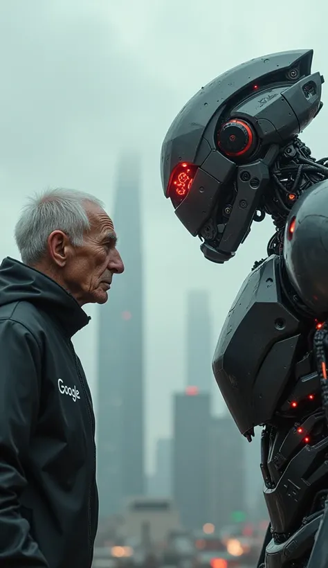 A duel between an elderly person wearing Google clothes and a robot