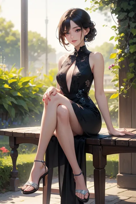 ((best quality)), (( masterpiece )), (detailed), (4k), (8K), 1girl, Beautiful anime girl,  beautiful face ,  shiny skin and face , make-up,  big, aesthetic eyes , aesthetic hands, cabello Detailed,  short dress , Detailed, sleeveless, low cut,  smiling, si...