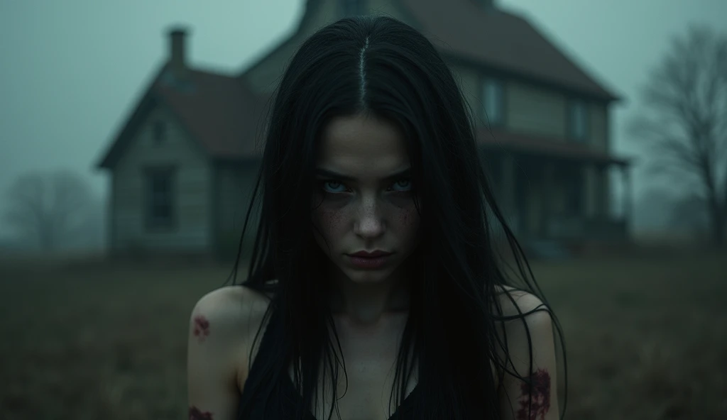  A girl with long black hair ,  with light eyes and a sinister face ,  partially covered by shadows . His arms are marked with fire burns,  and behind her you can see an old and gloomy house, shrouded in a faint haze .