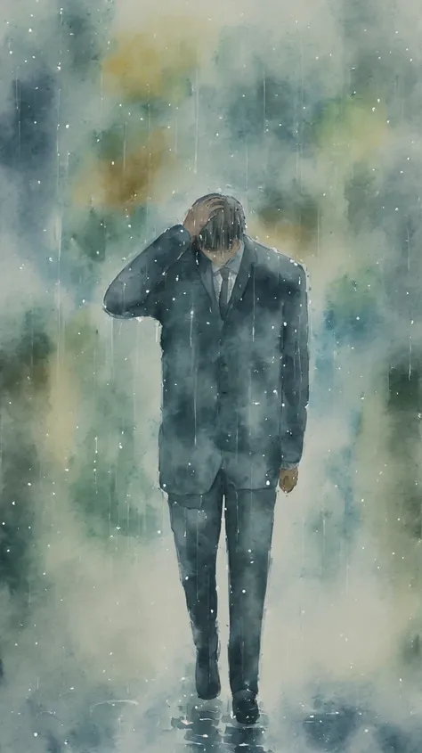 watercolor painting of a man in suit in the rain. full body shot of the man who is soaked under the rain. he tilts his head up to face the rain, the rainwater flows down his face. he is walking in the street, holding his hands out to feel the rain. waterco...