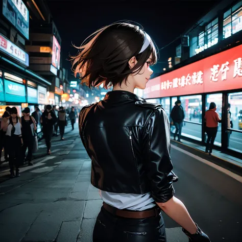 (8k, Unprocessed Photo , Top Quality, Masterpiece :1.2), 1 girl, 3 days, dark hair, short cut, red eyes, dark skin, back view, ((black leather jacket with rolled arms)), fingerless gloves, white T-shirt, ((white headband)), long black pants, white shoes, b...