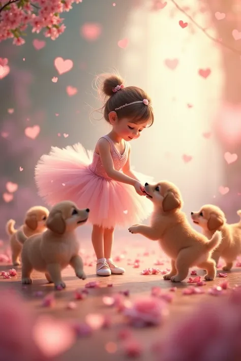 A ballerina feeding a lot of dancing puppies with hearts all around 