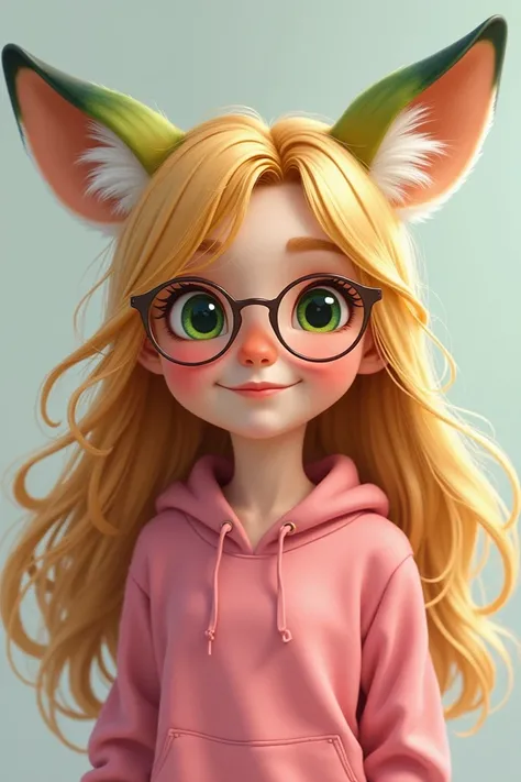 Make me 14 patch with green eyes blonde hair she will be wearing a pink sweatshirt and on her head she will have little green ears Disney style fox wears glasses but a little realistic has to be 