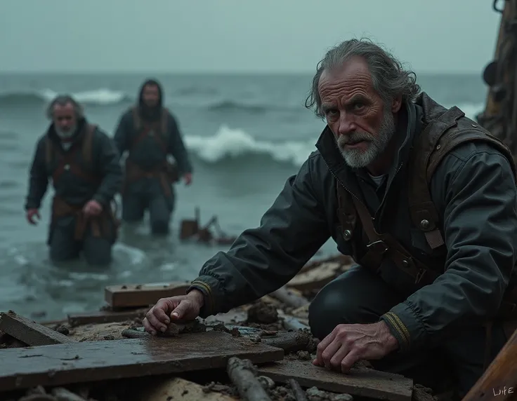 A sorrowful scene showing sailors looking for survivors amidst the wreckage.