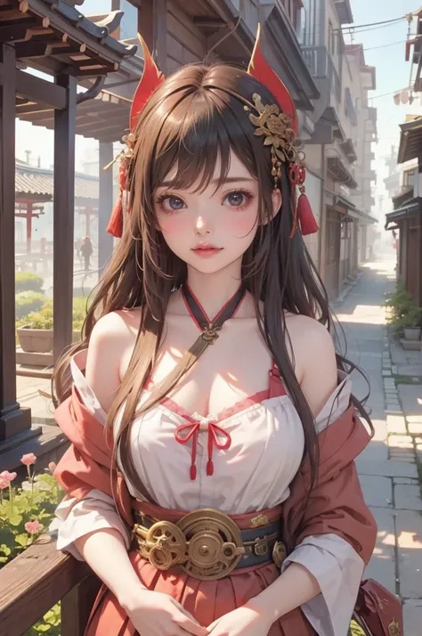 ( Best Quality ), [girl,Oriental Detailed Background,   Oriental cityscape  , Steampunk, Shrine maiden