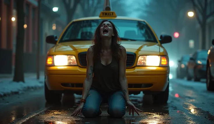 A hyper-realistic and dramatic depiction of a dimly lit street in a typical American urban setting, with a classic yellow New York City taxi cab parked ominously in the background. The taxi’s headlights pierce through the faint mist hanging in the air, cas...