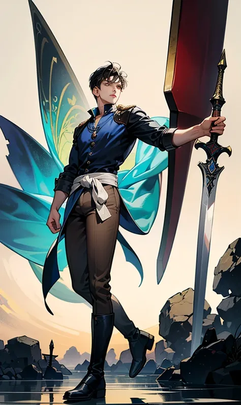 20-year-old young man with shoulder-length black hair and a knightly demeanor. He wears a dark blue shirt paired with brown pants and boots. A sword hangs at his waist, the hilt reflecting his readiness for battle. His posture is confident and composed, em...