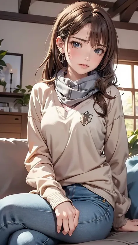 Bell, anime, Brown Hair, Medium chest, Brown eyes, A light smile, jeans, scarf, Grey sweatshirt, Blue pants, Sitting, Sitting cross-legged, Inside the smart home, Sitting on the couch, Asada Shinos face, anime Sword Art Online, highest quality