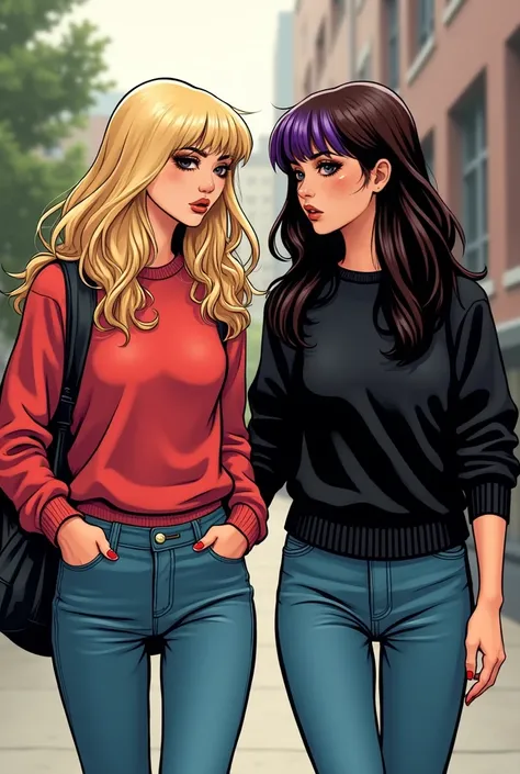  create a comic book illustration style comics, two friends, The first is blonde ,  long hair with bangs and blue eyes ,  she wears jeans and a red sweater over her pants,  the other is a brunette with black hair , Medium short hair, Violet bangs and eyes ...