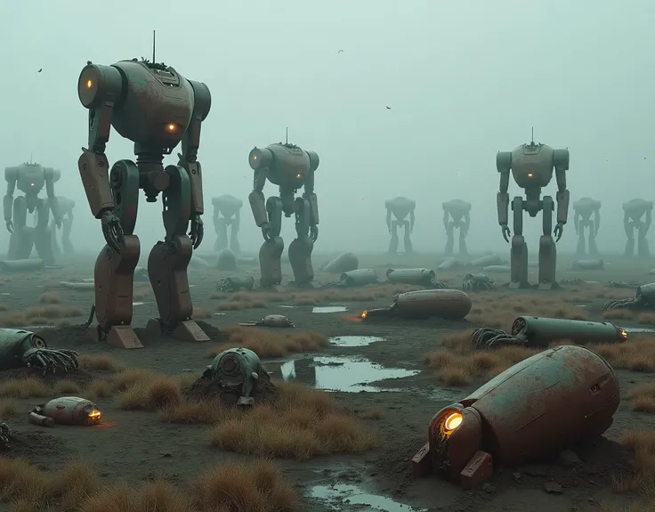 An aerial view of a sprawling robotic graveyard. Dozens of colossal, rusted robots are partially buried in the ground, their limbs scattered across the field like broken toys. Some have glowing cores that pulse faintly, barely visible through the mist and ...