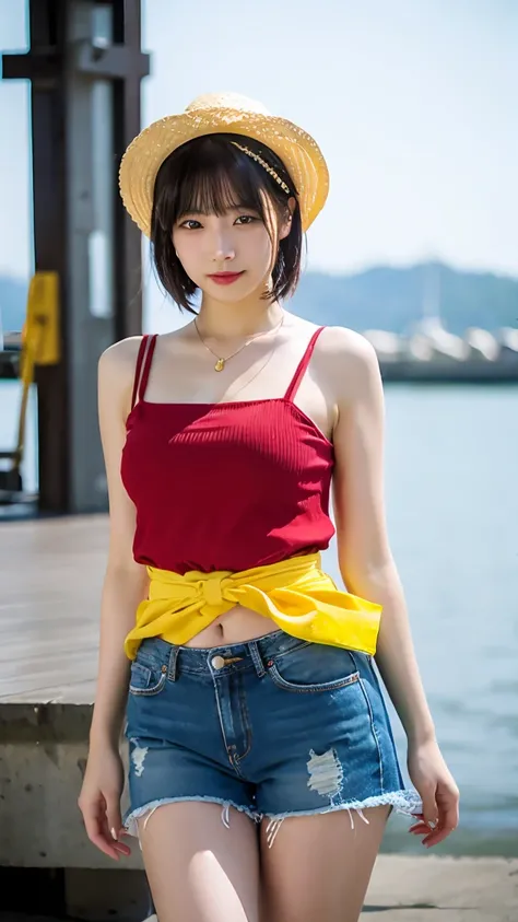 Appearance characteristics**:  black hair short bob hair、Calm atmosphere、YOUNG JAPANESE WOMAN -COSTUME **: costume design with a feminine arrangement of Luffy 。 The red crop top shirt opens slightly at the chest 、 design that looks bold on the shoulders 。 ...