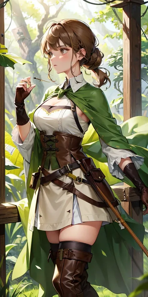 A huntress with light brown hair tied back in a practical yet slightly loose style, framing her determined expression. She wears an olive-green asymmetrical medieval-style skirt, the edges slightly frayed from her journeys, paired with rugged brown knee-hi...