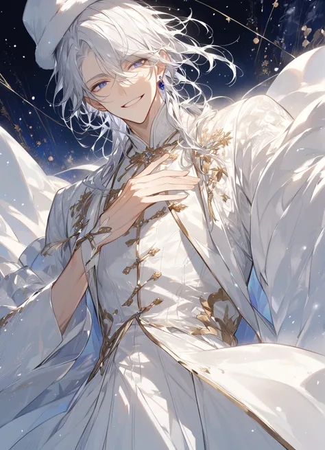 (Masterpiece, high resolution, best quality), solo, 1 male, 20-years old man, handsome, elf, elegant, long white hair, blue eyes, male fantasy clothes and coat,  looking at viewer. 1 male, male solo, anime style, top quality, wind, score_9, source_anime, b...