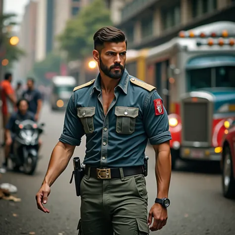 Action hero is sporting a short, neatly combed hairstyle with a side parting.  Little beard f-camera.front of outdoor shooting set with crew members