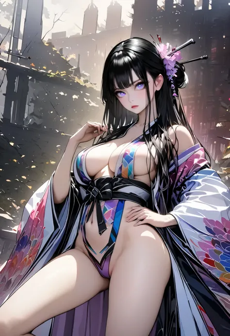 (masterpiece,  best quality :1.2,UHD,High Resolution,Extremely detailed depiction、8k、 Details)、 1 girl , Alone、((Beautiful rainbow-colored eyes)),Highly revealing kimono, has a sword、 hold the weapon in front、 Japanese style taste 、Art-tick 、wallpaper、 coo...