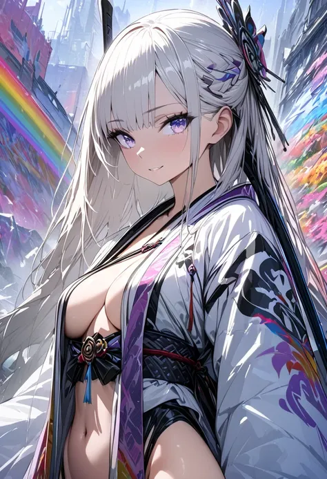 (masterpiece,  best quality :1.2,UHD,High Resolution,Extremely detailed depiction、8k、 Details)、 1 girl , Alone、(( beautiful eyes)),Highly revealing kimono, has a sword、 hold the weapon in front、 Japanese style taste 、rainbow graffiti、wallpaper、 cool pose