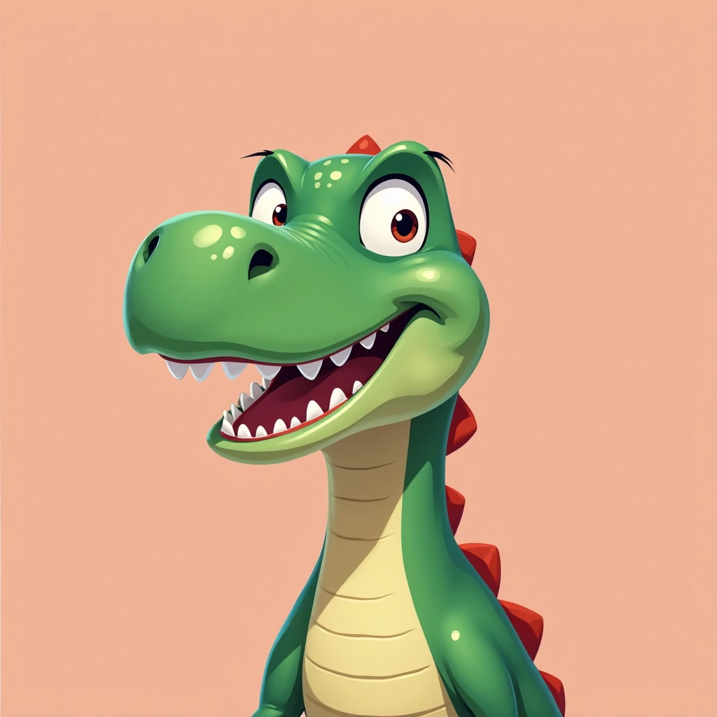 Reptile dinosaur head, expression happy, in digital art cartoon anime style, flat colors only.