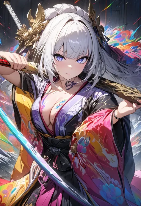 (masterpiece,  best quality :1.2,UHD,High Resolution,Extremely detailed depiction、8k、 Details)、 1 girl , Alone、(( beautiful eyes)),Highly revealing kimono, has a sword、 hold the weapon in front、 Japanese style taste 、rainbow graffiti、wallpaper、 cool pose