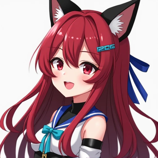 1girl, Long Hair, Smile, Ribbon, Jewelry, Very Long Hair, Hair Clip, Wolf Ears, Best Quality, High Resolution, Damaged, HD, Best Quality, Quality, Textured Skin, Super Detailed, Anatomically Correct, Red Hair, Bob Cut, Dark Blue Hair, F/1.2, F/2.8, Motion ...