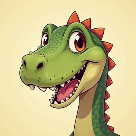 Reptile dinosaur head, adult male with expression happy, in digital art cartoon anime style, flat colors only.