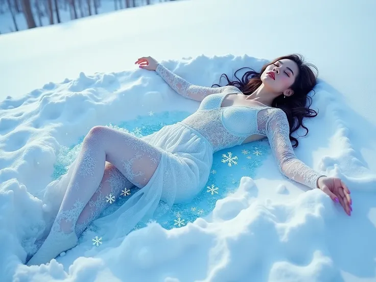 as a gorgeous woman lays in the snow making a snow angel, her body begins to transform into a pixel art ice kingdom. 