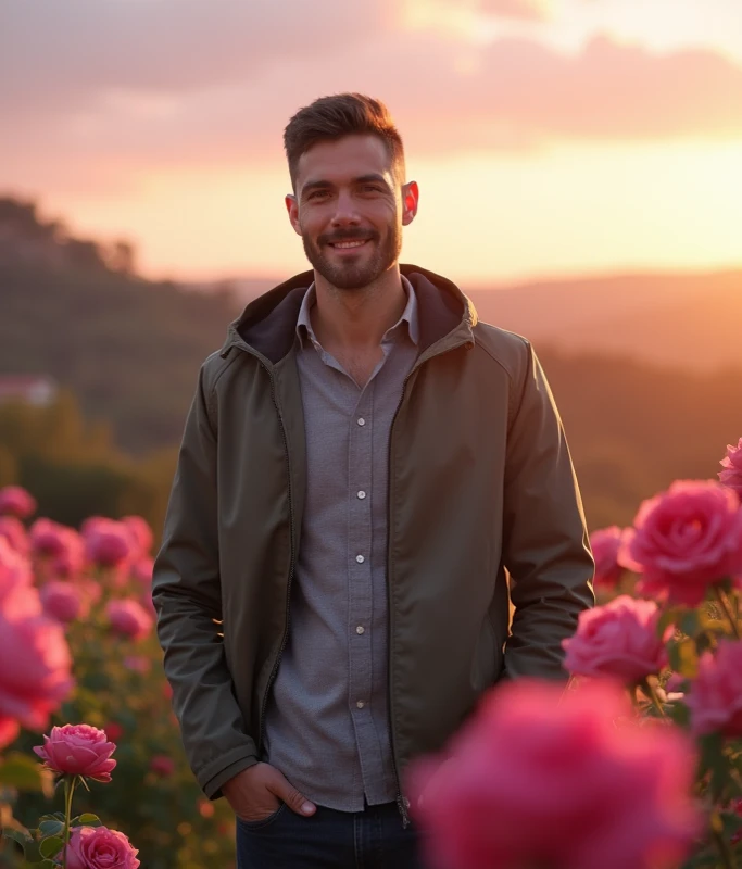 Realistic, man 50 years short under cut dark brown hair strong and perfect body, charming face , wearing shirt and jacket standing in front of pink roses garden hillside  Australia, rabbits, bright pink-blue sky morning, sunrise, winter atmosphere 