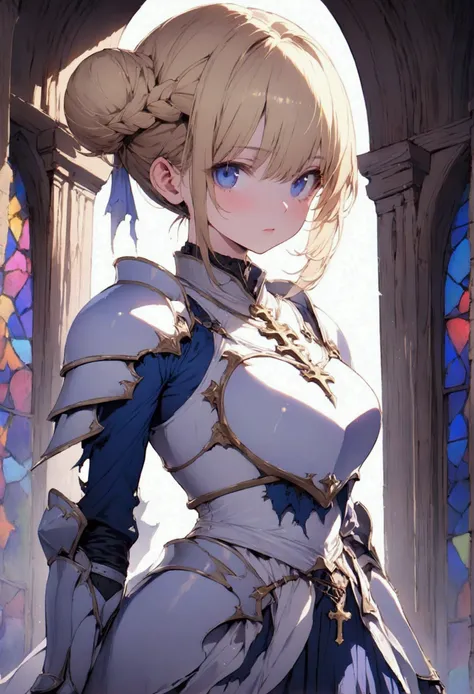 (masterpiece),(best quality),(ultra-detailed),(best illustration),(best shadow),(detailed background), 1girl, white-armor, blonde-hair, blue-eyes, armored-dress, hair-bun, braid, solo, dress, gauntlets boots, cross, knight, stained-glass, skirt. single-hai...