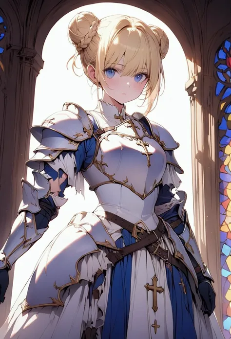 (masterpiece),(best quality),(ultra-detailed),(best illustration),(best shadow),(detailed background), 1girl, white-armor, blonde-hair, blue-eyes, armored-dress, hair-bun, braid, solo, dress, gauntlets boots, cross, knight, stained-glass, skirt. single-hai...